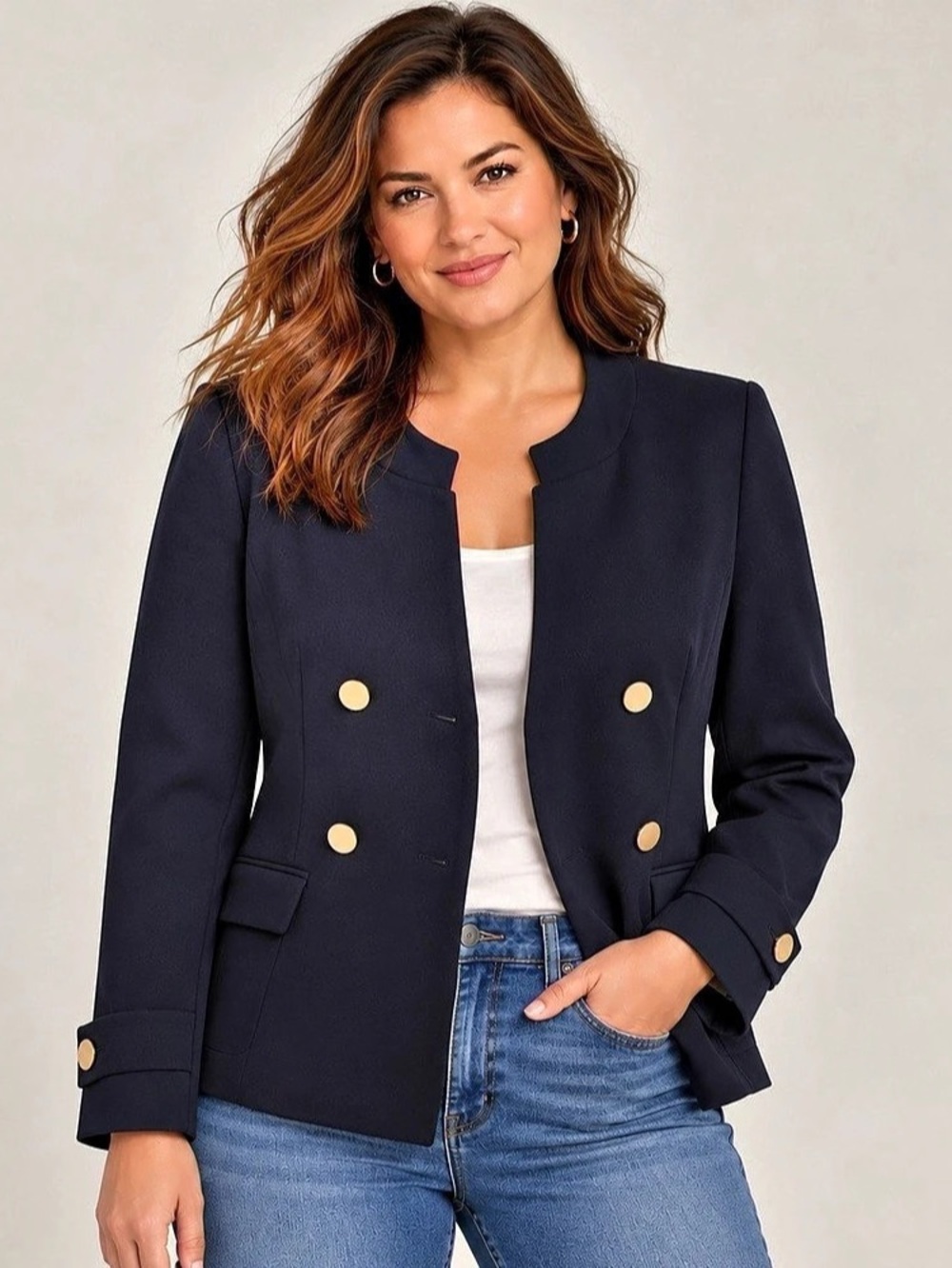 Ann Taylor Navy Gold Button Double Breasted Blazer Jacket Size 14